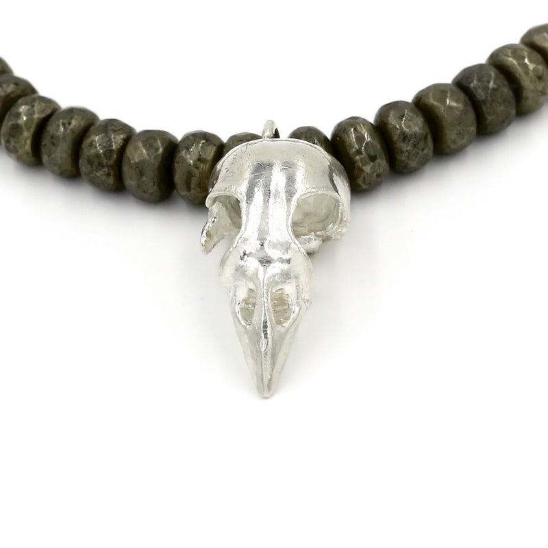 Zoom View Sterling Silver Bird Skull Pendant on Pyrite Bead