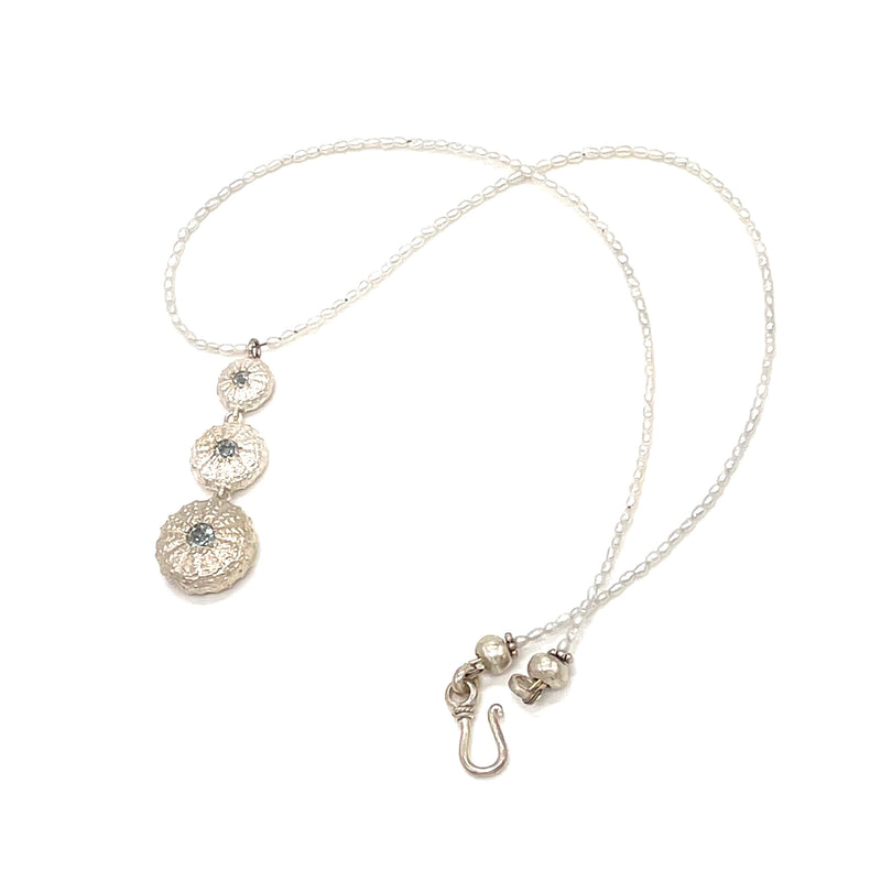 sterling silver triple sea urchin pendant necklace sky blue topaz pearl strand