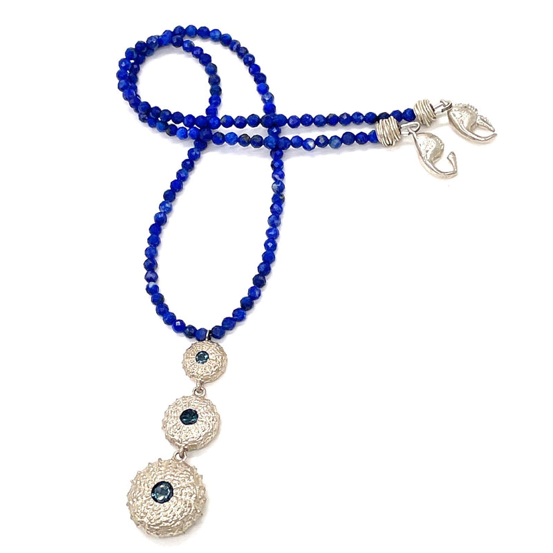 sterling silver triple sea urchin pendant necklace london blue topaz blue bead