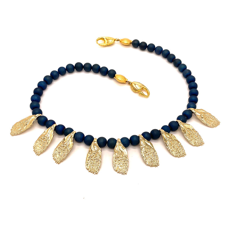 Multi Gold Garfish Scale Necklace on blue druzy bead