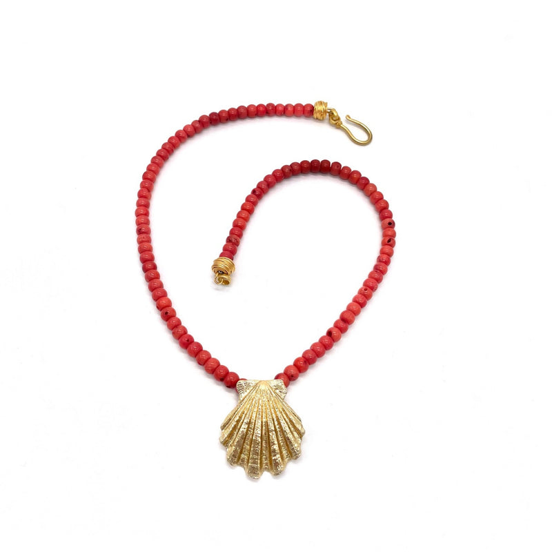 large gold vermeil scallop shell pendant on coral beads