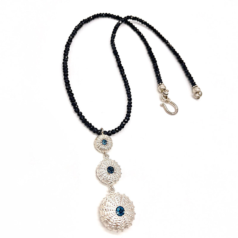 sterling silver triple sea urchin pendant necklace london blue topaz black beads