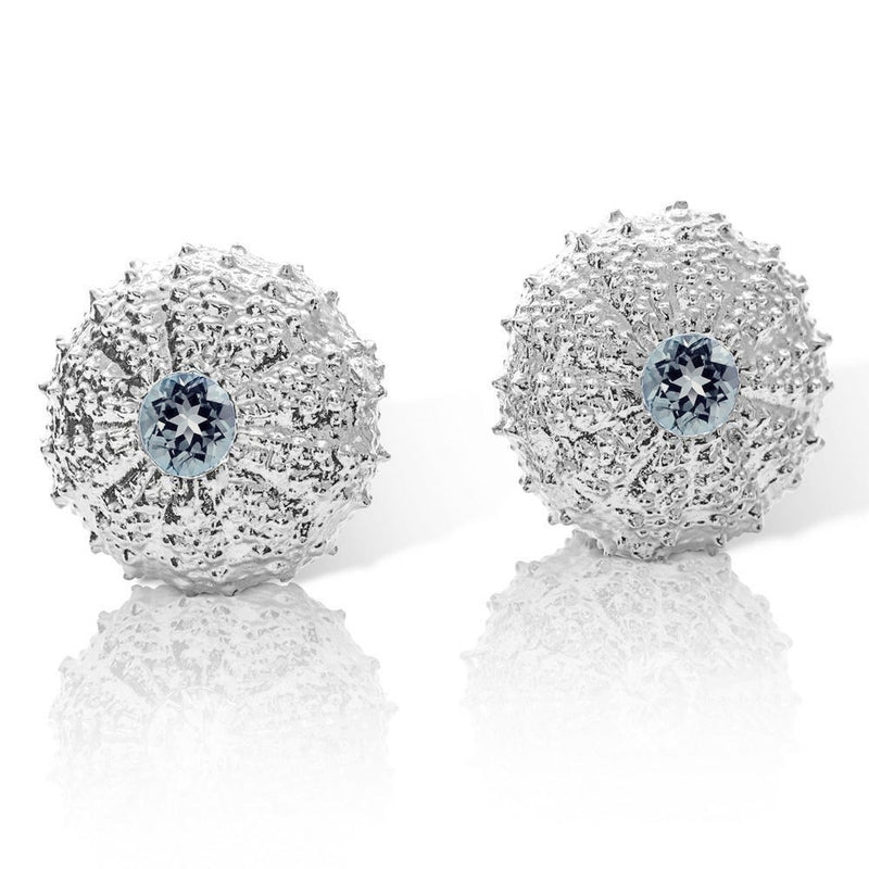 sterling silver sea urchin earrings with sky blue topaz front view