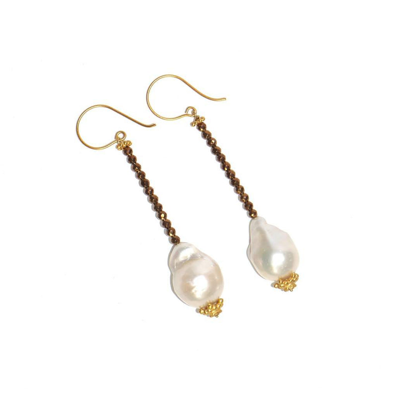 White Baroque Pearl Beaded Drop Earring with brown crystal bead Gogo Jewelry