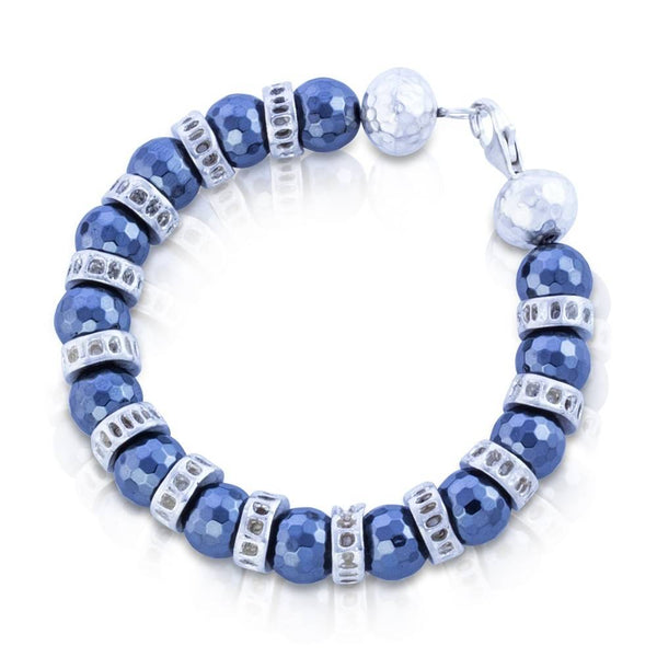 sterling silver shark vertebrae bracelet with faceted blue beads