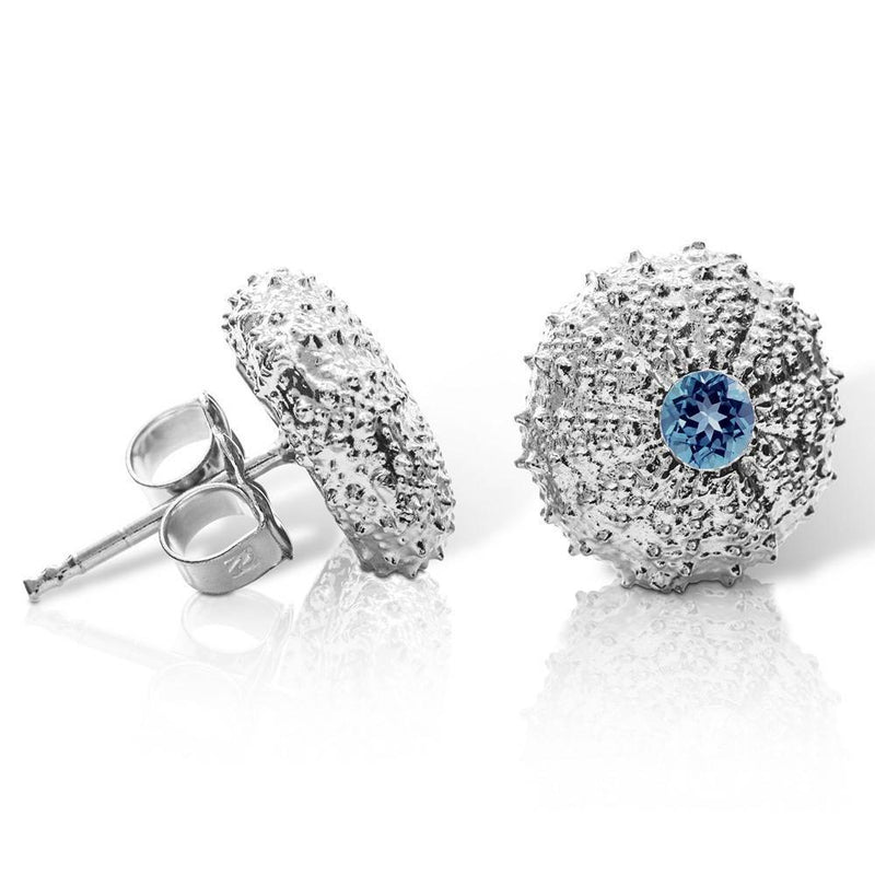 sterling silver sea urchin large earrings with london blue topaz side view