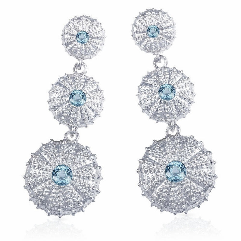 sterling silver sea urchin triple earrings with sky blue topaz