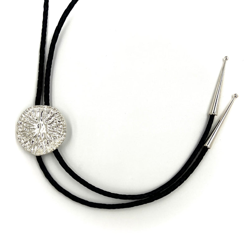 Dolphin Disc bolo on thin black leather with sterling silver tips