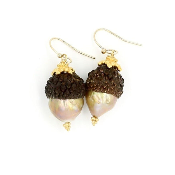 Champagne Pearl Acorn Earrings with gold