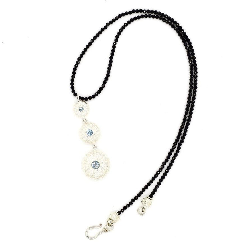 sterling silver triple sea urchin pendant necklace sky blue topaz black beads