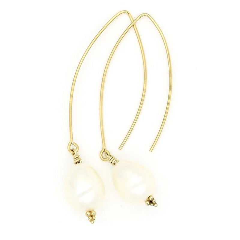 White Baroque pearl drop earrings with gold marquis ear wire gogo jewelry