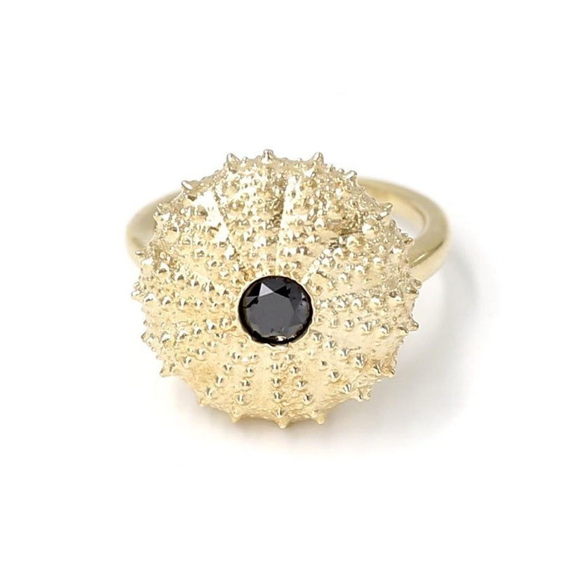 14k gold sea urchin ring with black diamond front view on white background