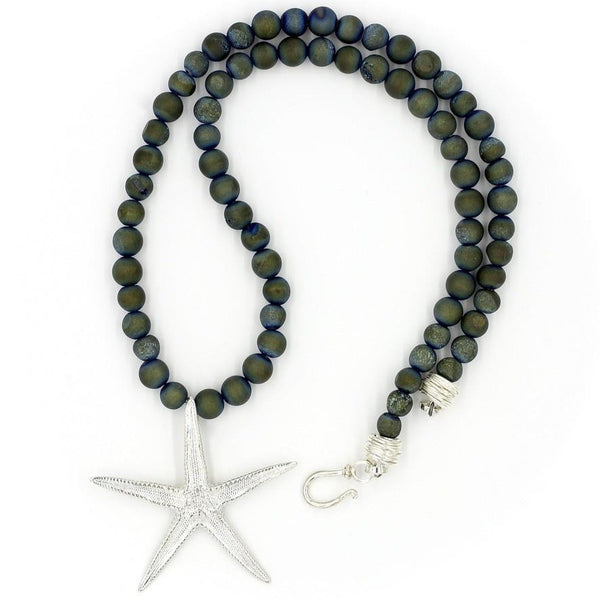 large starfish pendant necklace sterling silver on blue druzy beads gogo jewelry