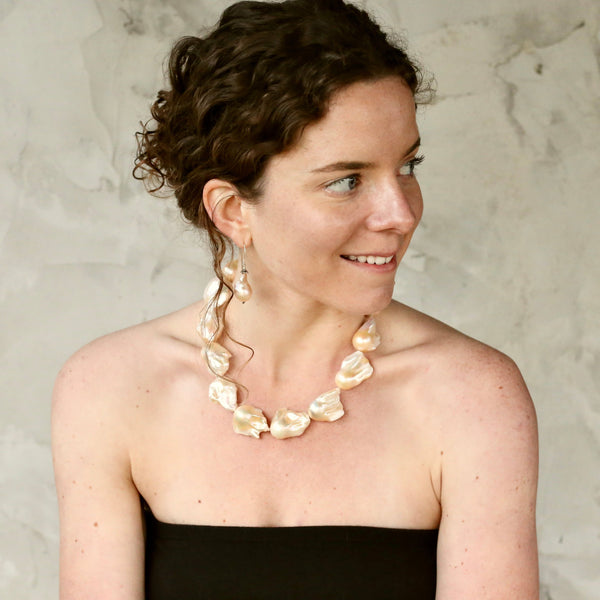 model wearing Baroque pearl Necklace and Earring Set