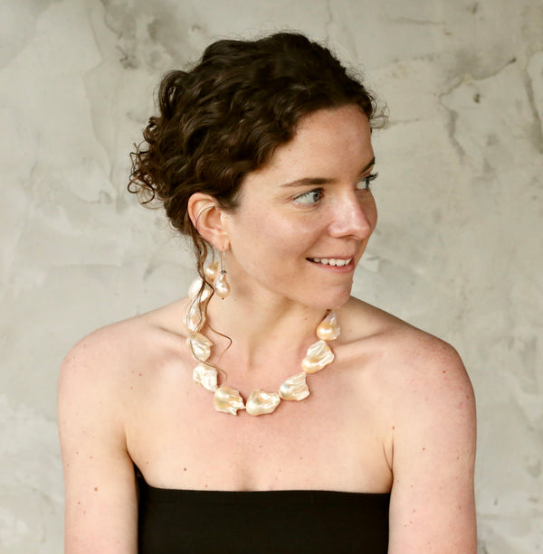 model wearing Baroque pearl Necklace and Earring Set