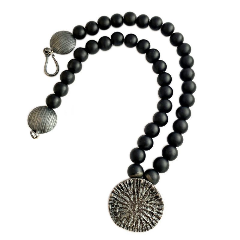 Oxidized Dolphin Disc Pendant Necklace on Black onyx bead Gogo Jewelry