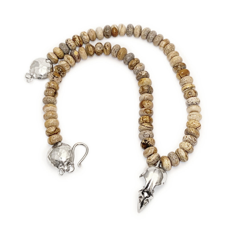 925 Silver Bird Skull Pendant on brown stone bead necklace gogo jewelry