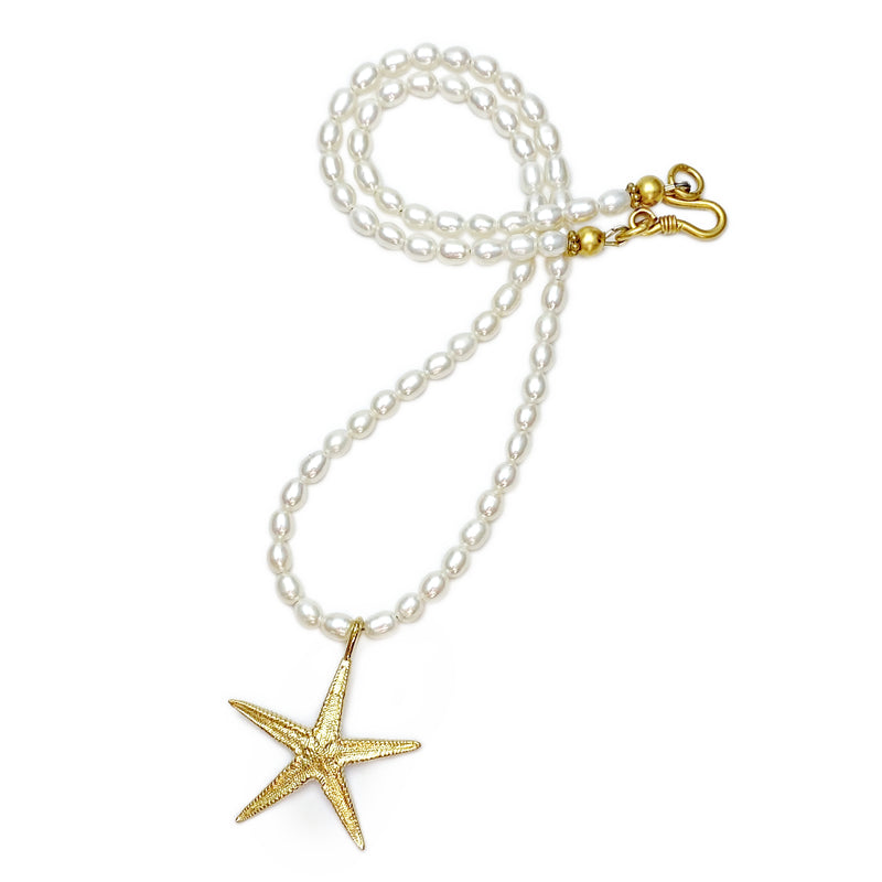 small starfish pendant necklace gold vermeil on seed pearl beads gogo jewelry