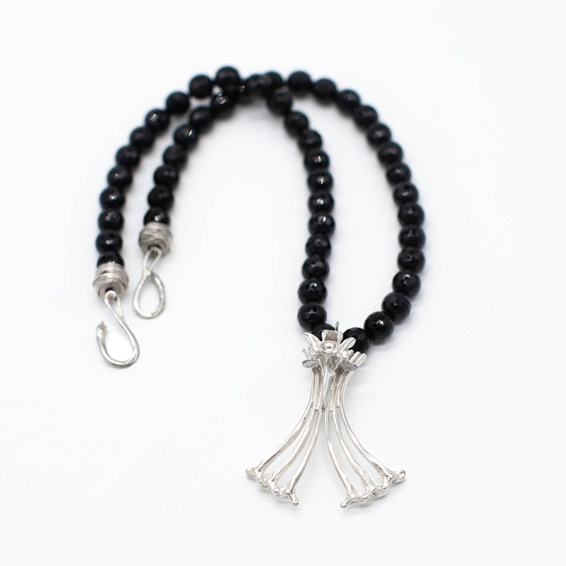 Silver Gogo Logo on black onyx bead necklace by Gogo Jewelry