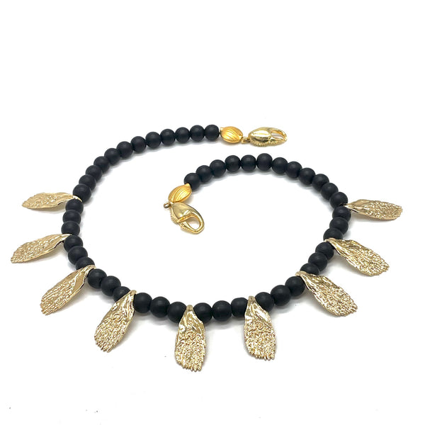 Multi Gold Garfish Scale Necklace on black onyx bead