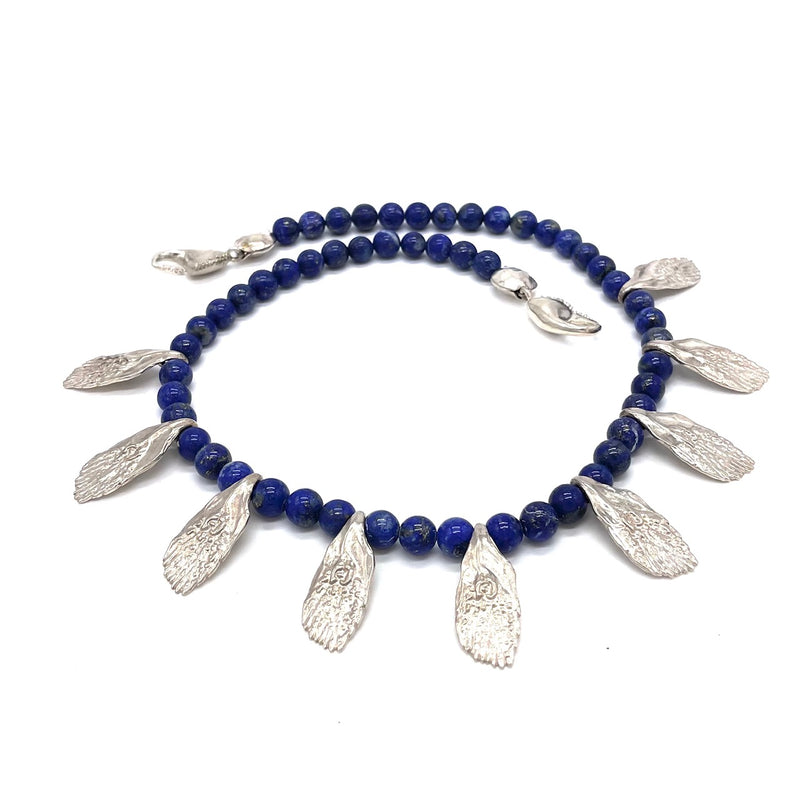 Multi Silver Garfish Scale Necklace on Blue Lapis bead