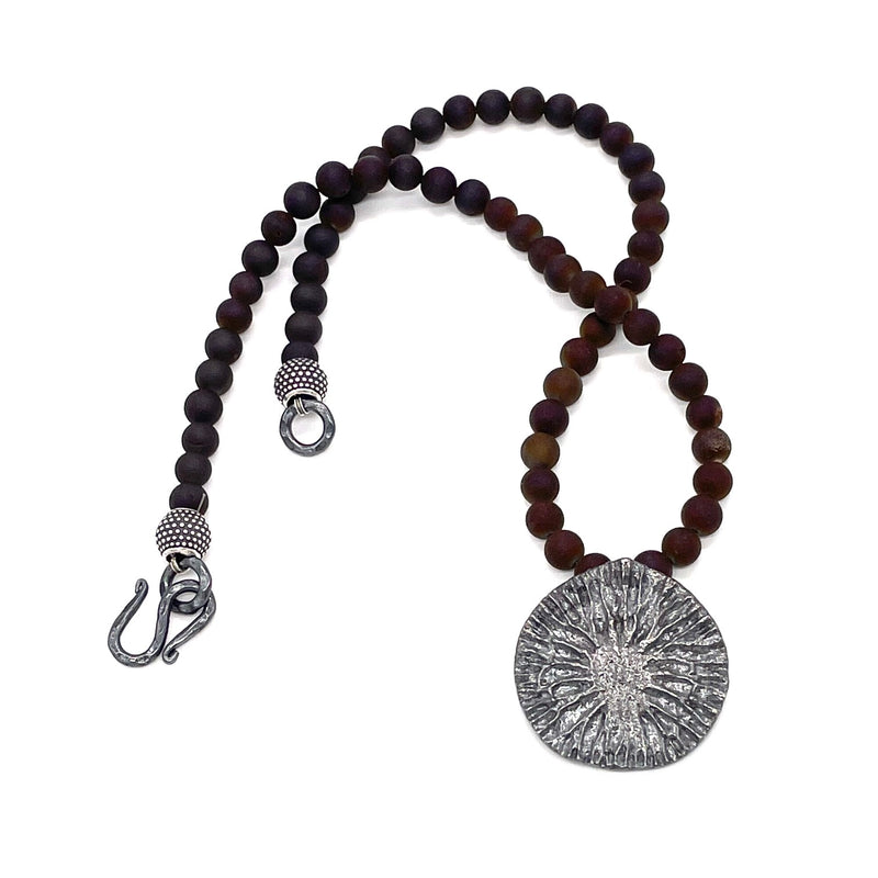 Oxidized silver Dolphin Disc Necklace on Burgundy Druzy Bead Gogo Jewelry