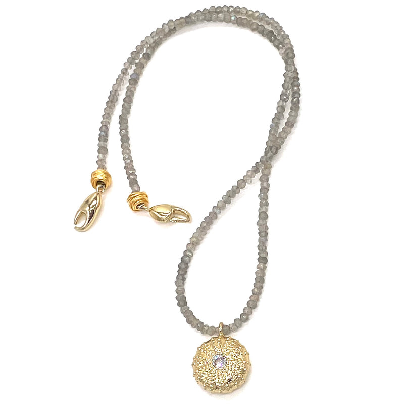 gold vermeil sea urchin pendant with cz on smokey quartz bead