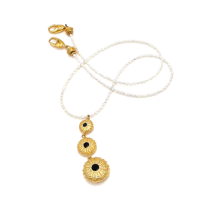 gold vermeil triple sea urchin pendant necklace black onyx seed pearl