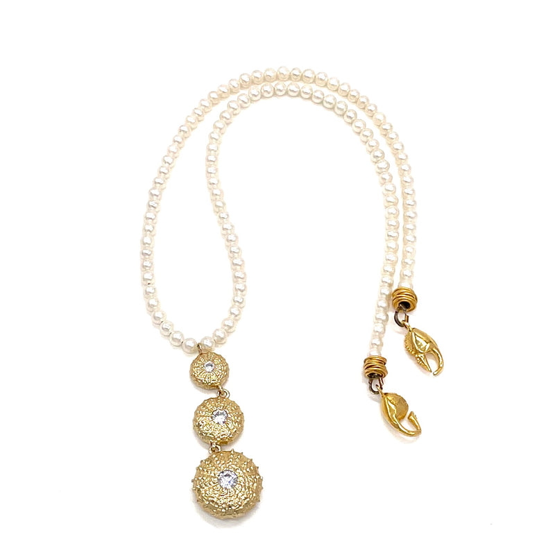 gold vermeil triple sea urchin pendant necklace with cz and pearl strand