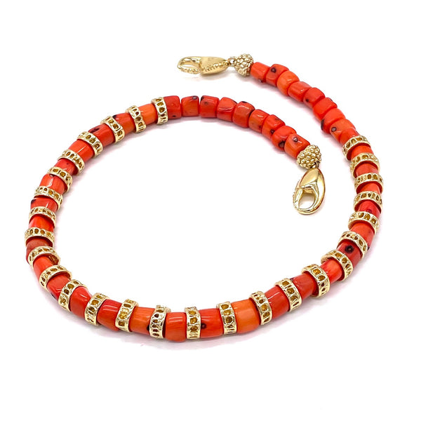 gold vermeil shark vertebrae necklace 27 piece with orange coral beads