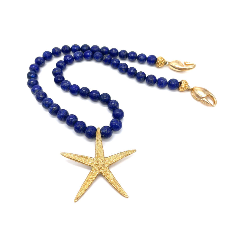 large starfish pendant necklace gold vermeil on blue beads gogo jewelry