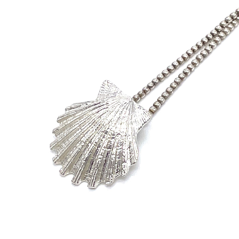sterling silver scallop shell pendant on sterling silver bead chain