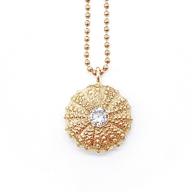 14k gold sea urchin penant with white diamond on gold filled bead chain