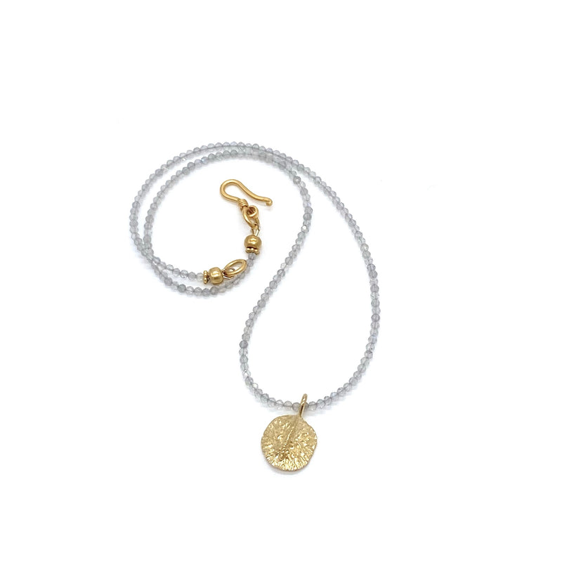 Small Gold Alligator Pendant on grey quartz bead necklace by Gogo Jewelry