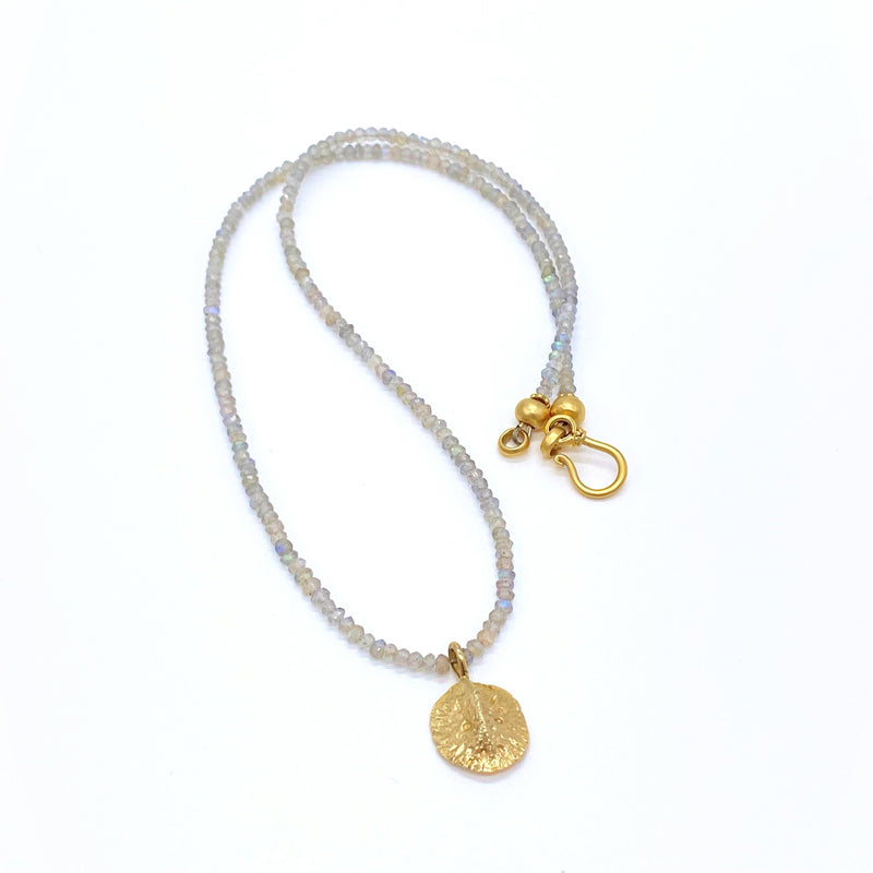 Small gold alligator pendant on labradorite beaded necklace by Gogo Jewelry