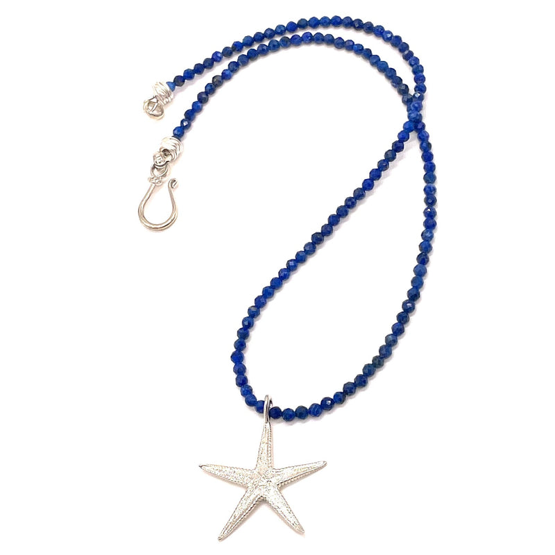 small starfish pendant necklace sterling silver on blue beads gogo jewelry