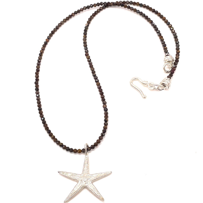 small starfish pendant necklace sterling silver on dark brown bead gogo jewelry