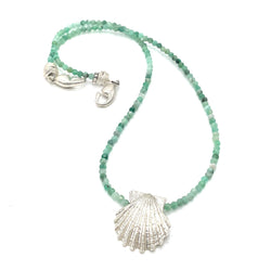 small sterling silver scallop shell pendant on green beads