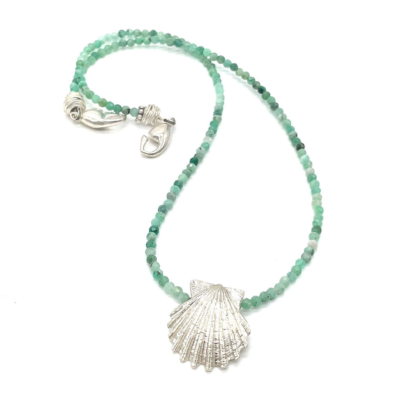small sterling silver scallop shell pendant on green beads