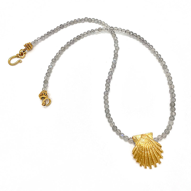 small gold vermeil scallop shell on smokey quartz bead