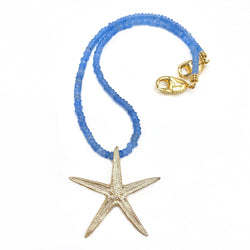 large 14k starfish pendant necklace on light blue beads gogo jewelry