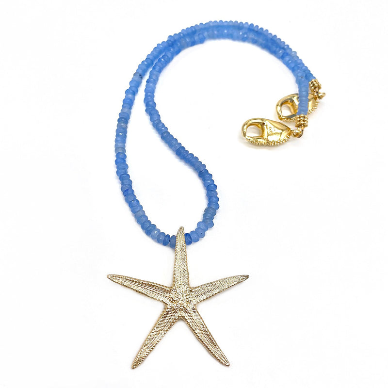 large 14k starfish pendant necklace on light blue beads gogo jewelry