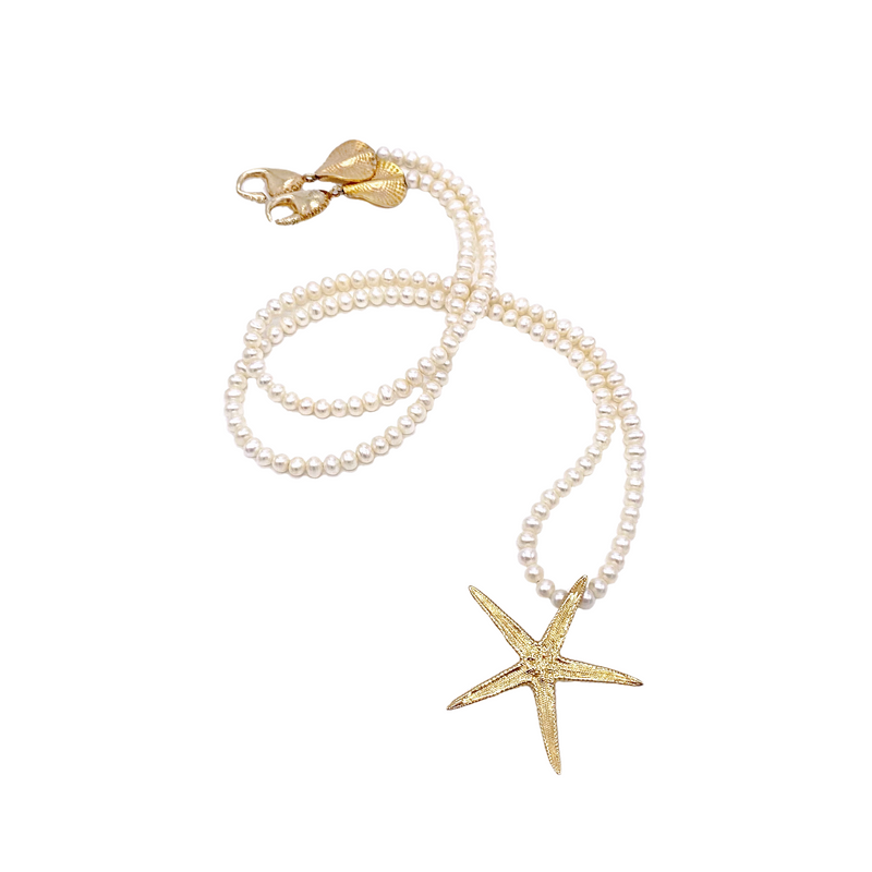 large starfish pendant necklace 14k gold opera lenght pearl gogo jewelry