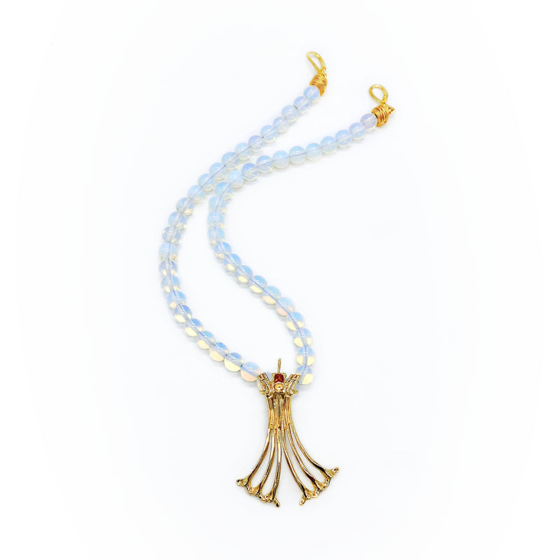 14k gold vermeil Gogo logo pendant on clear opalite beaded necklace 
