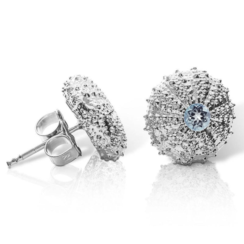 sterling silver sea urchin earrings with sky blue topaz side view