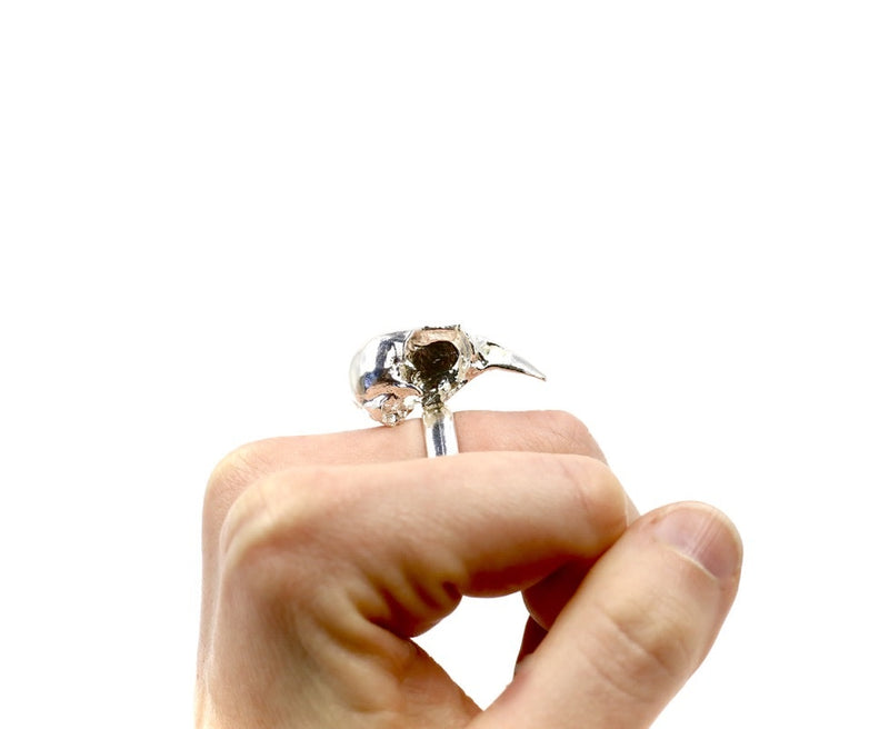 Side View of Silver Bird Skull Ring on Hand 