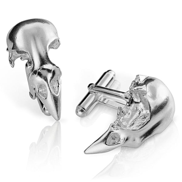 Bird Skull Cufflinks 925 Sterling Silver Front and Side View Gogo Jewelry