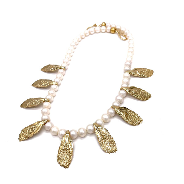 Multi Gold Garfish Scale Necklace on white pearl bead