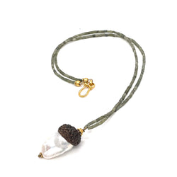 Baroque Pearl Acorn Necklace with Green Bead and gold clasp Gogo Jewelry
