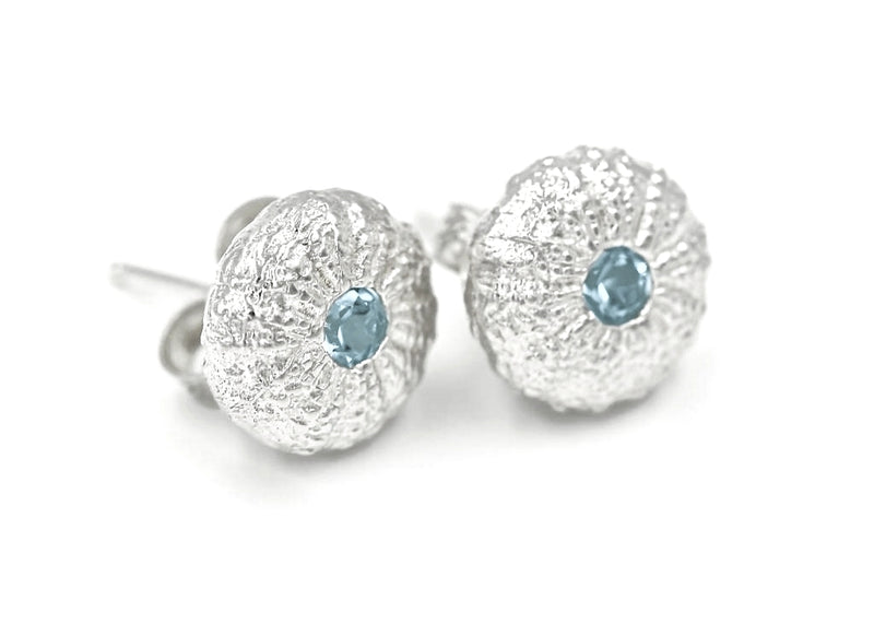 sterling silver sea urchin small earrings with sky blue topaz quarter view